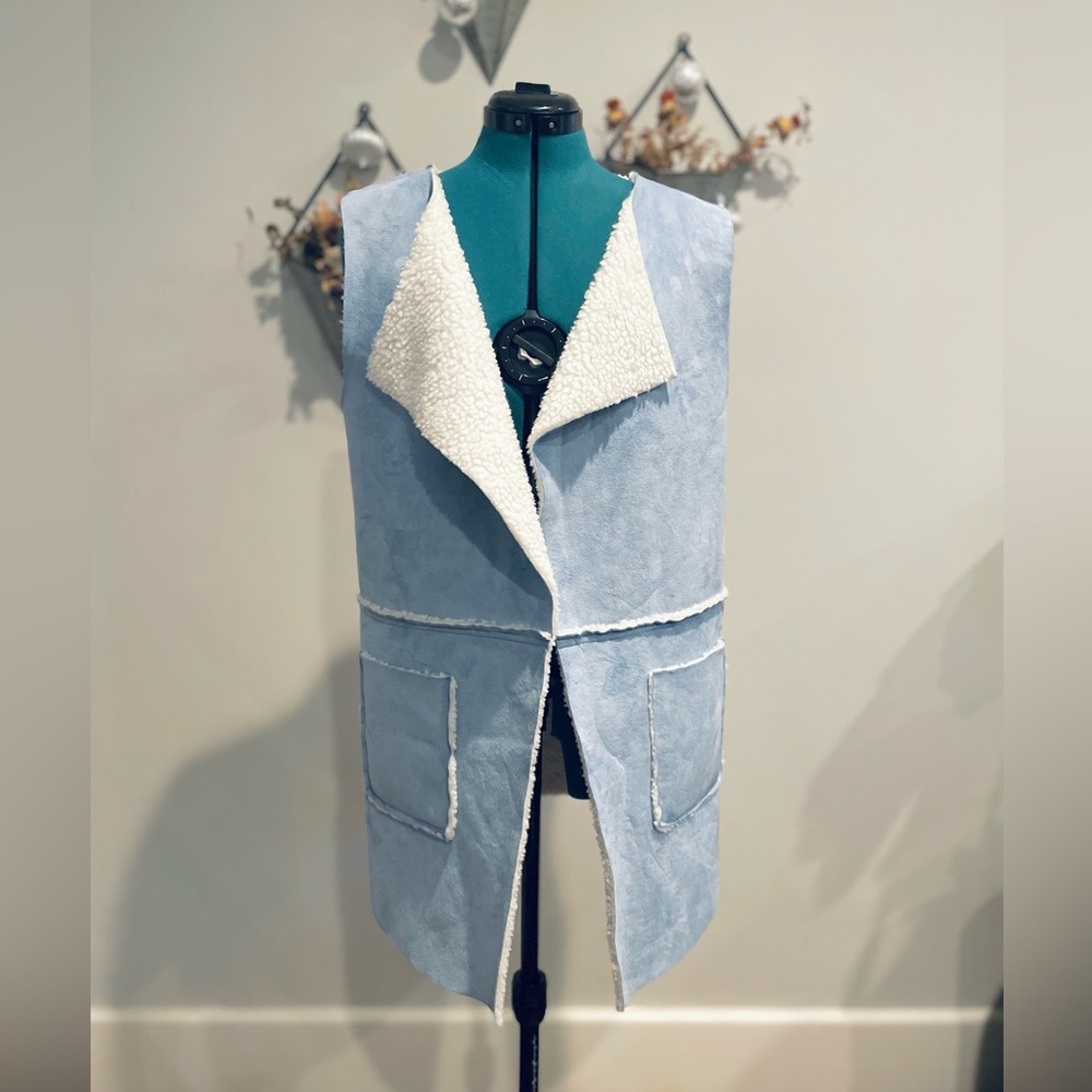 Light Blue Long Open Front Vest with Oversized Lapels